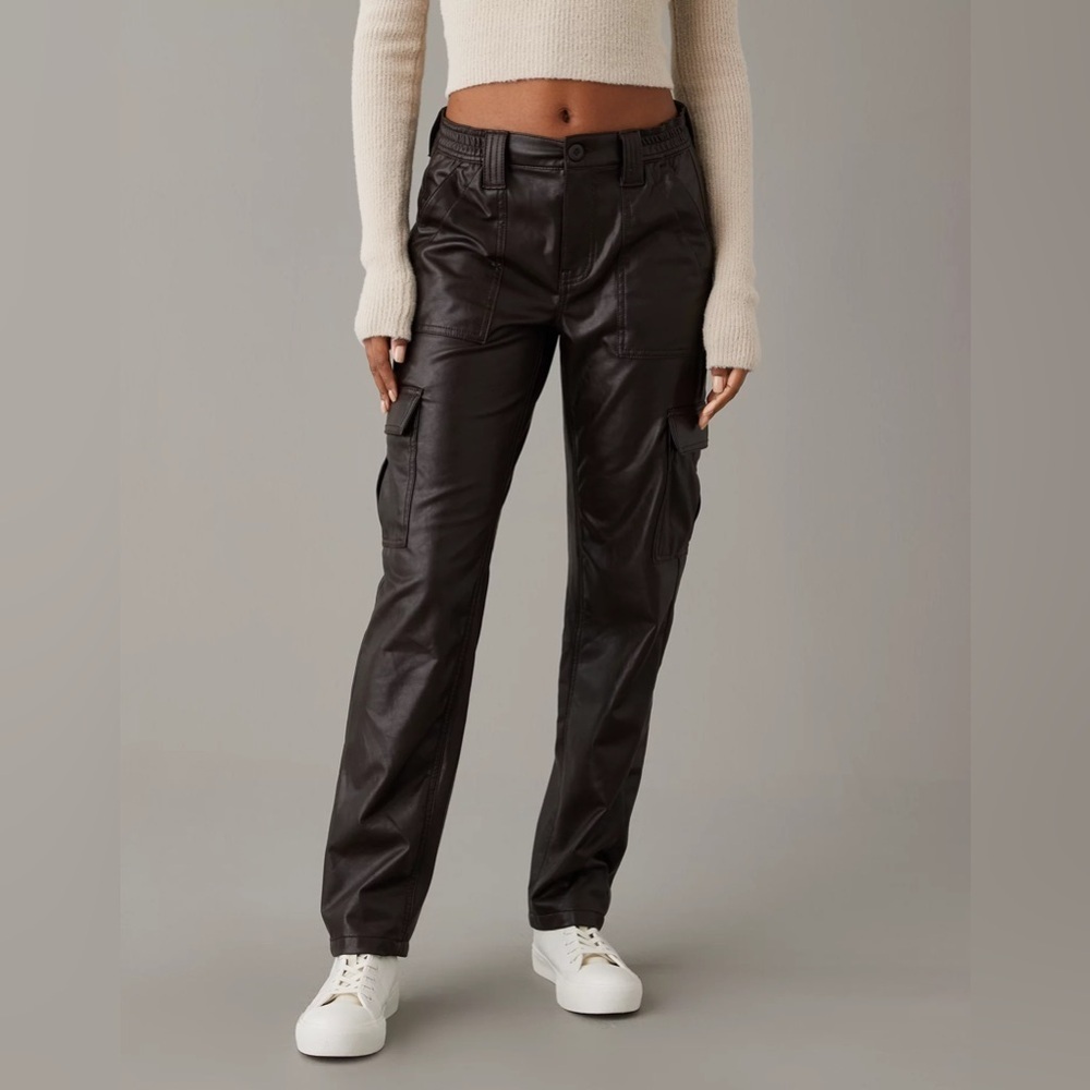 American Eagle Stretch High Waisted Vegan Leather Straight Cargo Pant Chocolate